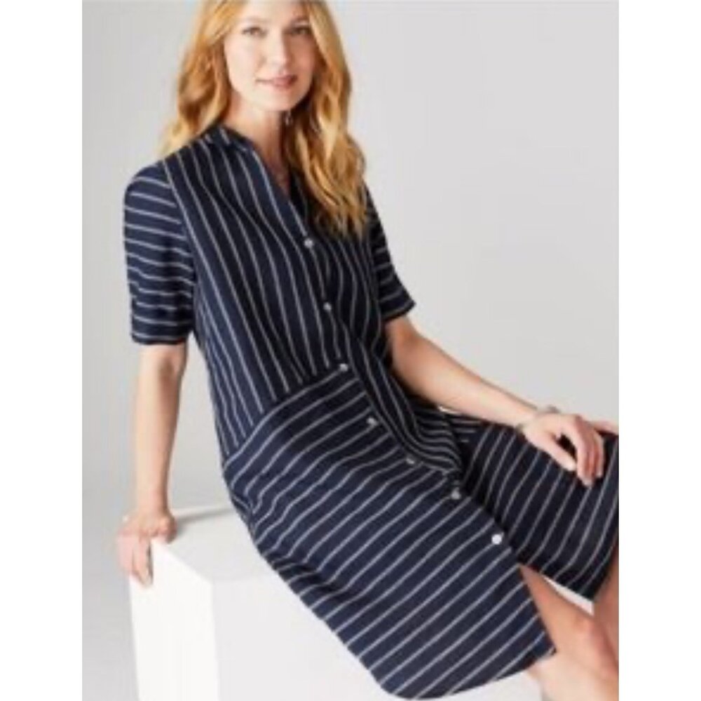 J. Jill Navy and White Striped Midi Shirt Dress